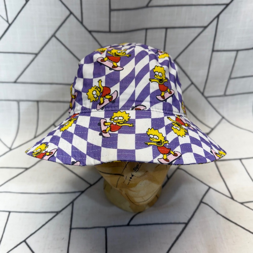 Mad Engine Bucket Hat OS Purple Lisa Simpson Skateboarding Checkered Hat